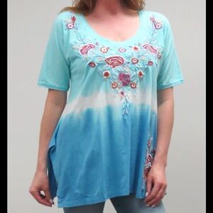 CAITE Yris Blue Lagoon Ombré Tie Dye Handmade Cotton Embroidered Tunic Tee Large